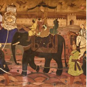 "Persian Wedding" by Giuseppe Biasi depicting the trip of the groome carried by an elephant, accompanied by armed guards